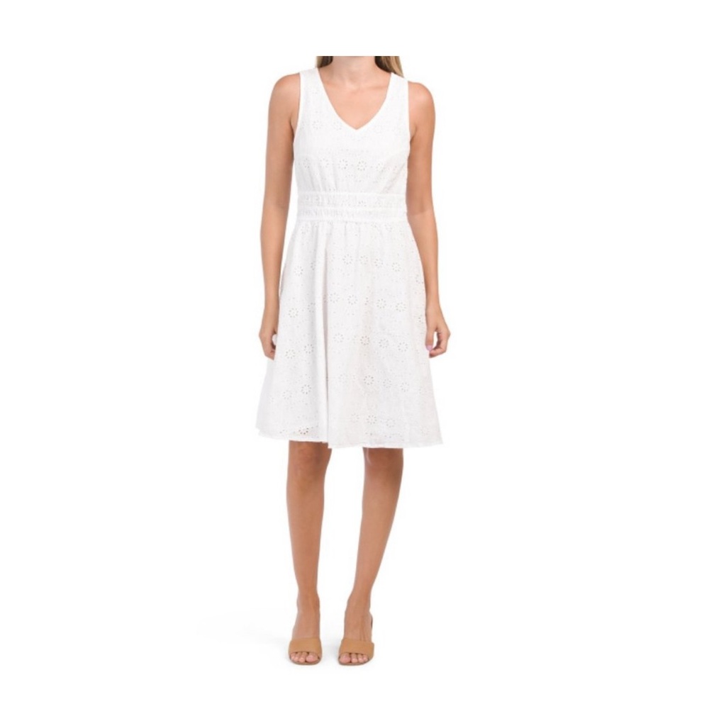 Nicole Miller White Eyelet Sleeveless V-Neck Dress size M